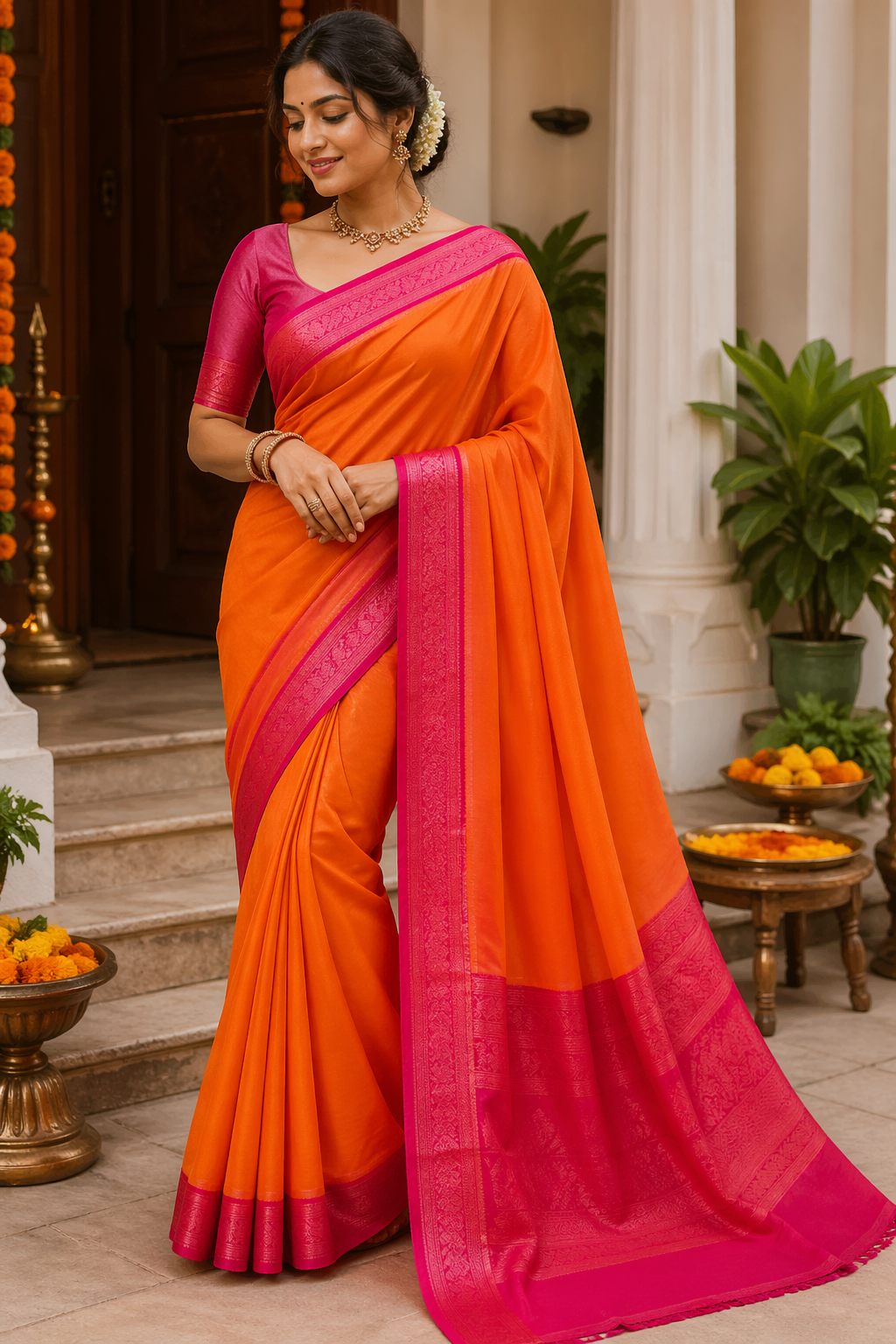 Binny Crepe Saree for Women – Orange with Pink Border | Elegant Party Wear