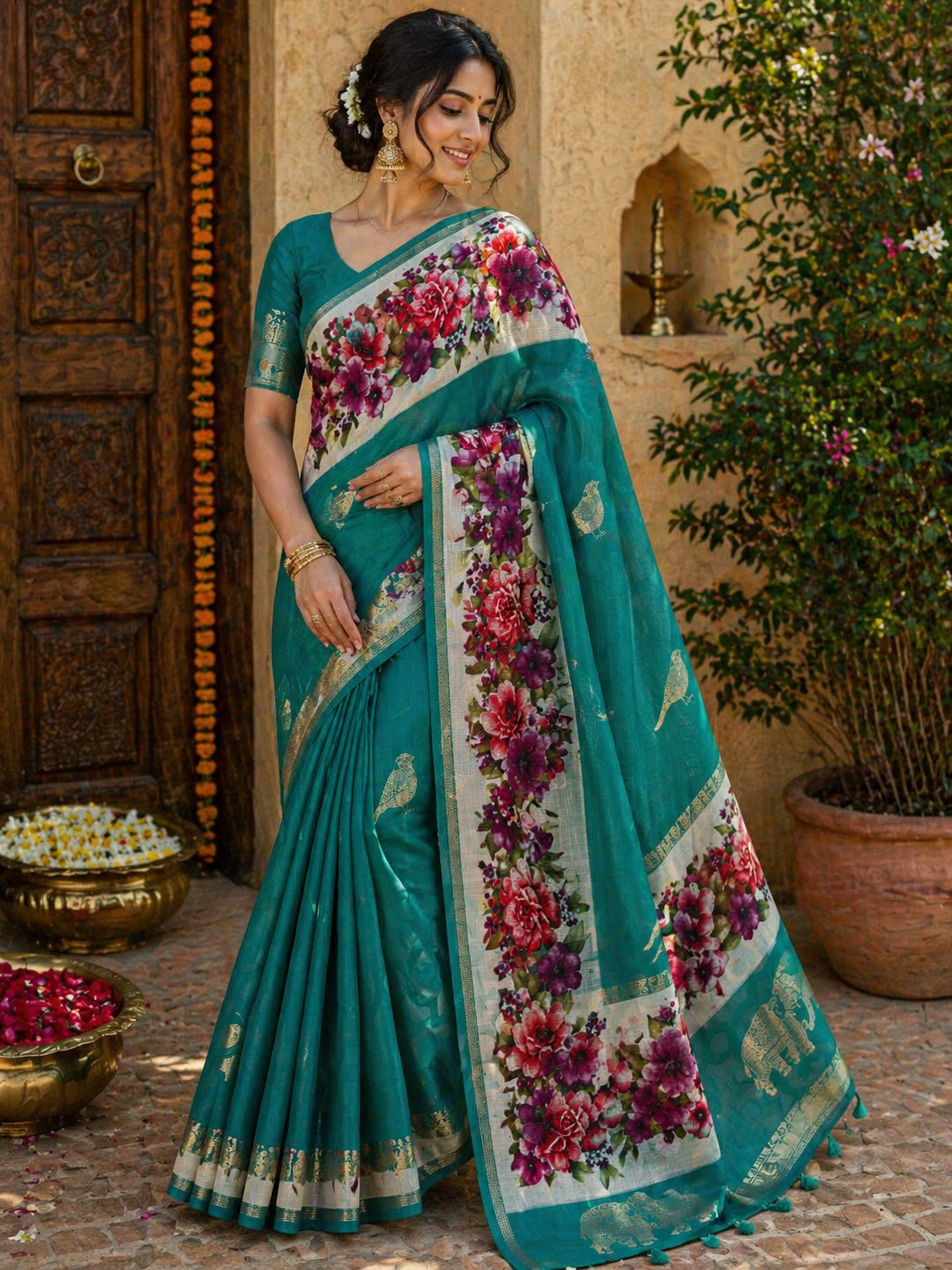 Trendy Fancy Saree for Women – Multicolor Floral Print with Designer Pallu