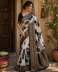 Elegant Maheshwari Silk Saree for Women – Ivory & Black Floral Design with Zari Border