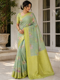 Elegant Silk Kota Saree for Women – Pastel Green Floral with Gold Zari Border