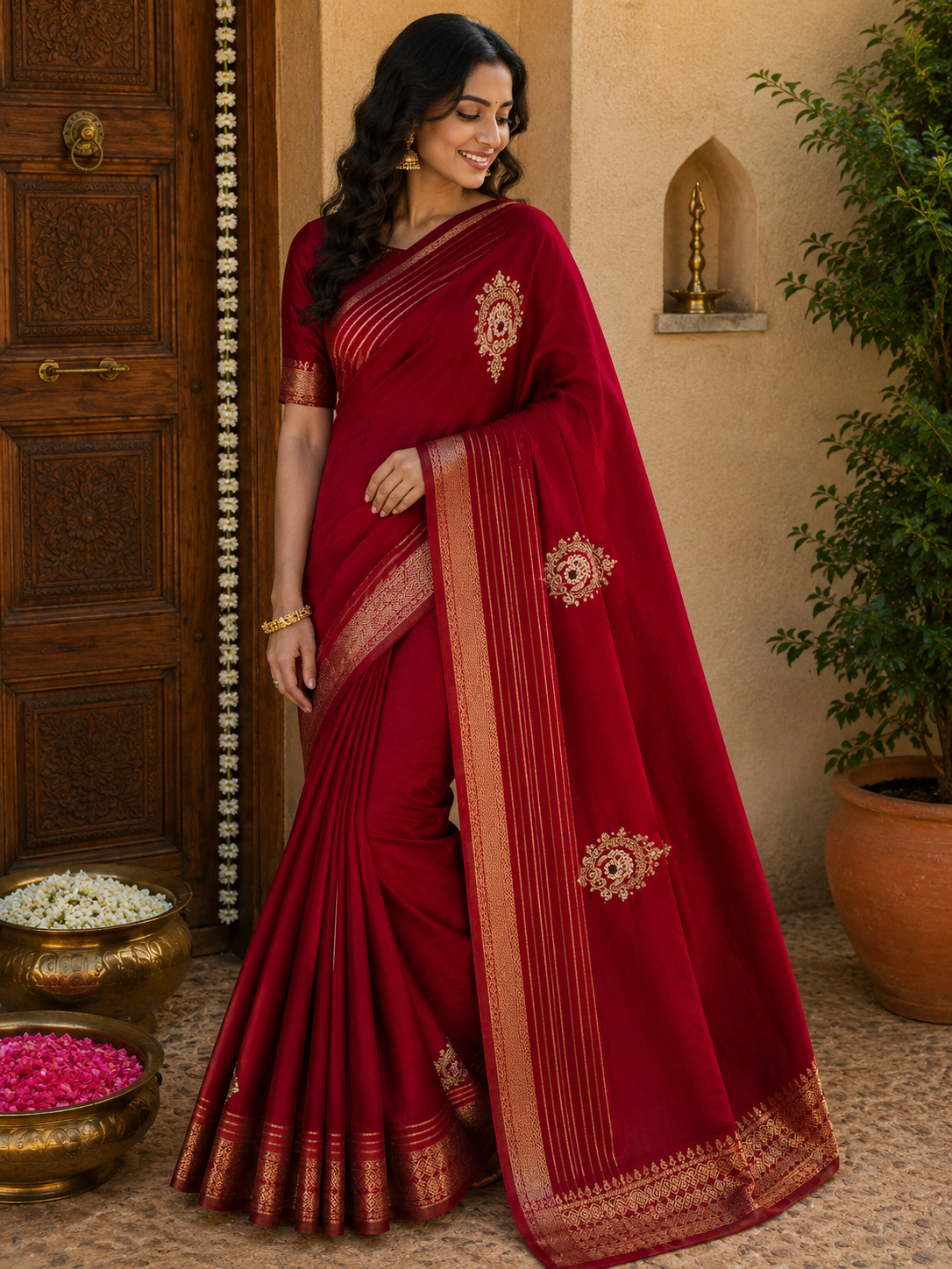 Royal Red Dola Silk Saree with Zari Border & Stone Work
