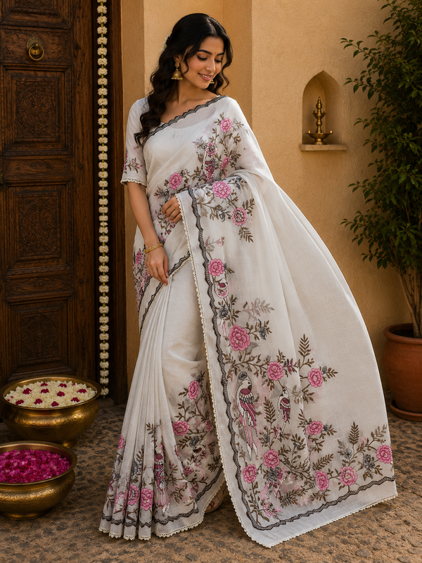Elegant Floral Bird Fancy Work Saree for Women