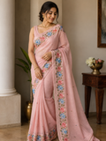 Peach Floral Kota Appliqué Work Saree for Women