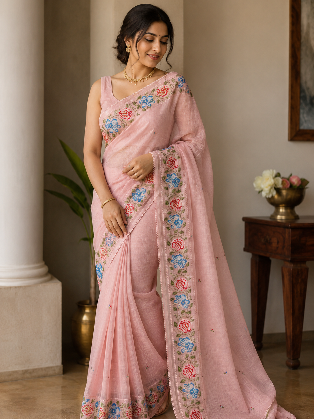 Peach Floral Kota Appliqué Work Saree for Women