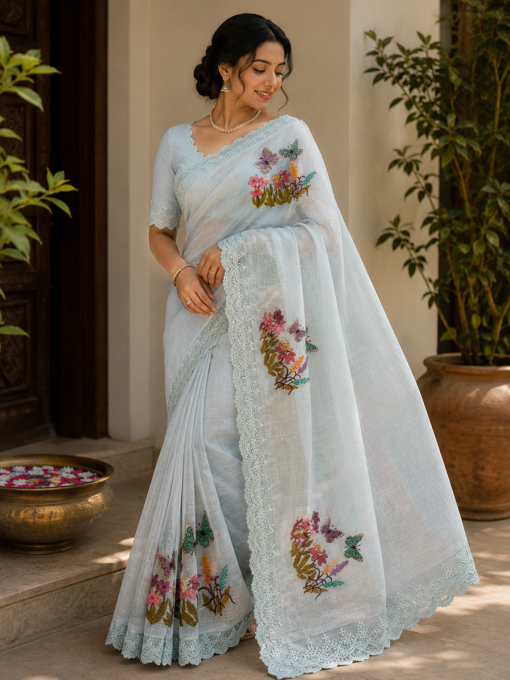 Butterfly Garden Soft Kota Embroidery Saree – Premium Floral Lace Border Collection