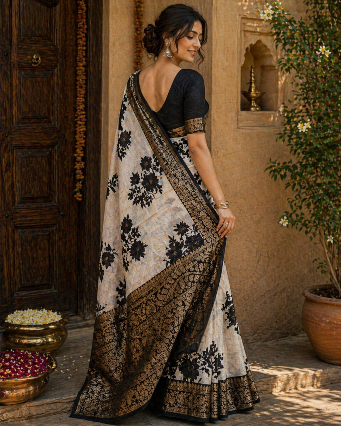 Elegant Maheshwari Silk Saree for Women – Ivory & Black Floral Design with Zari Border