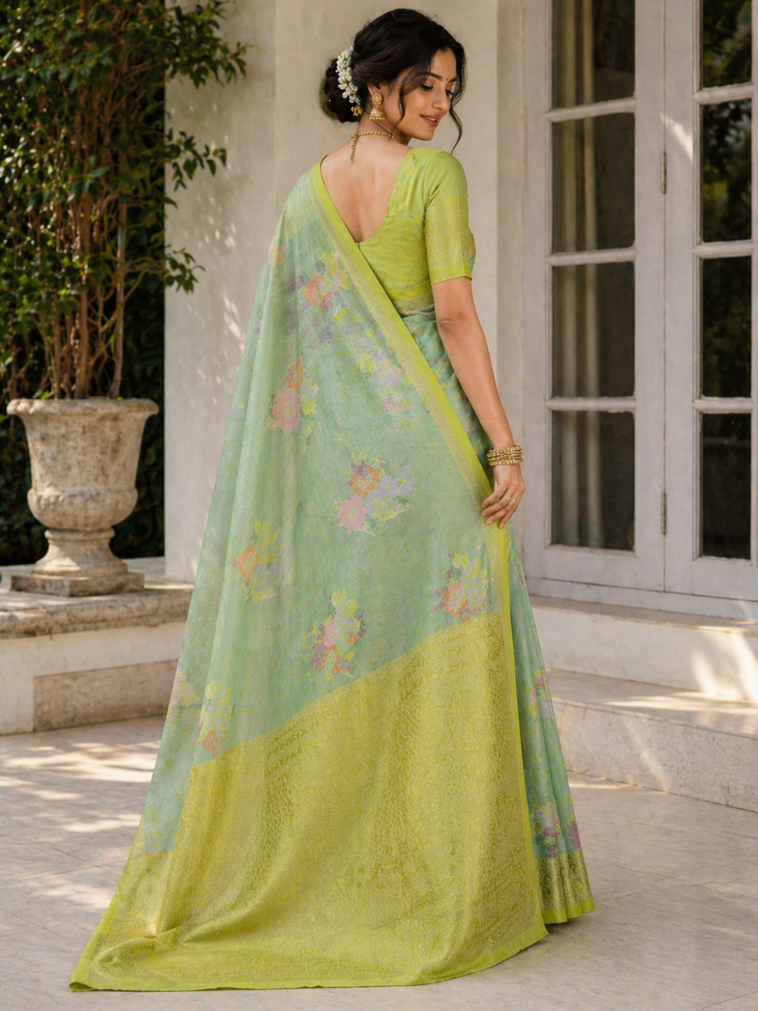 Elegant Silk Kota Saree for Women – Pastel Green Floral with Gold Zari Border