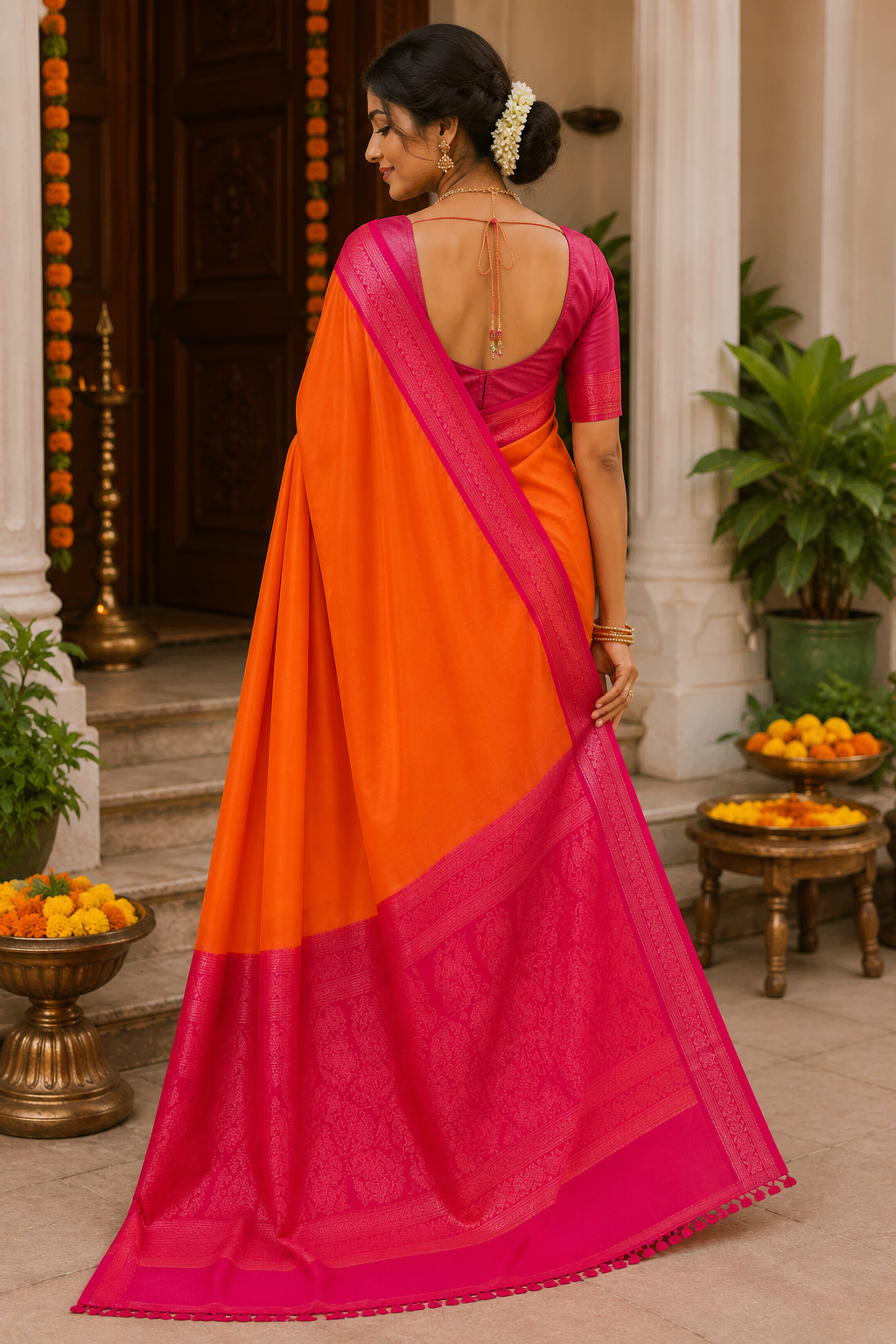 Binny Crepe Saree for Women – Orange with Pink Border | Elegant Party Wear