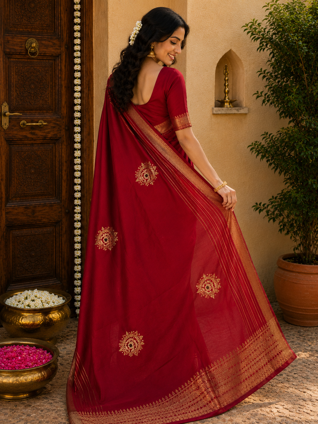 Royal Red Dola Silk Saree with Zari Border & Stone Work