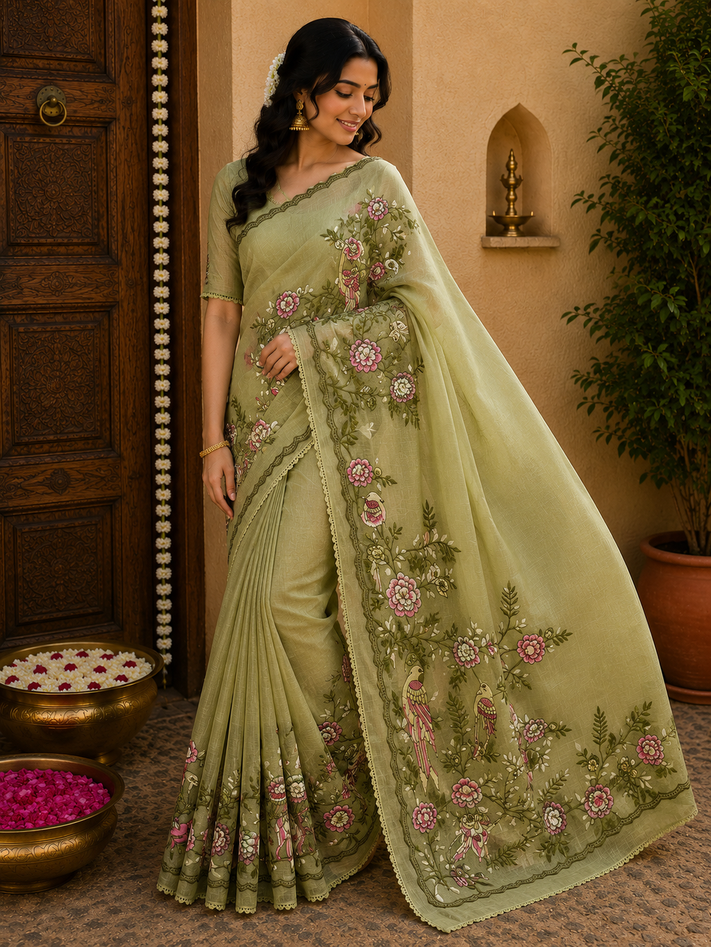 Elegant Floral Bird Fancy Work Saree for Women