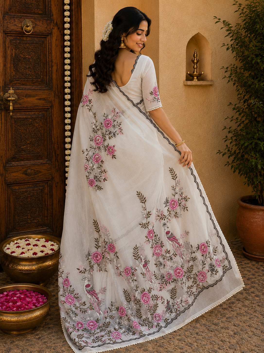 Elegant Floral Bird Fancy Work Saree for Women