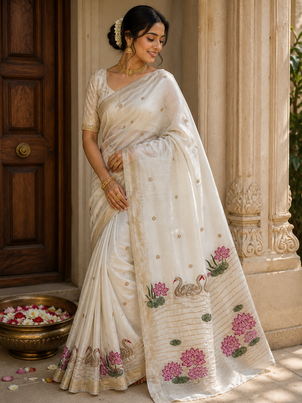 Elegant Kora Tissue Embroidered Saree – Off White Floral Designer Saree