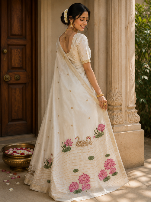 Elegant Kora Tissue Embroidered Saree – Off White Floral Designer Saree