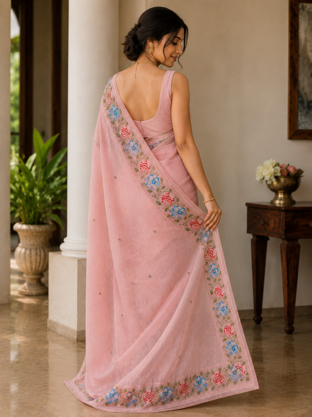 Peach Floral Kota Appliqué Work Saree for Women