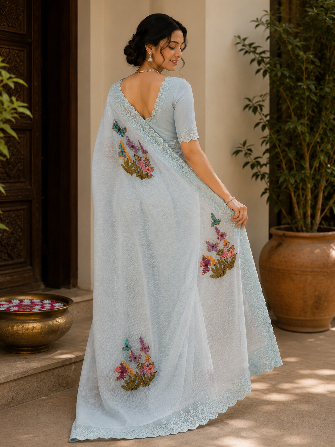 Butterfly Garden Soft Kota Embroidery Saree – Premium Floral Lace Border Collection