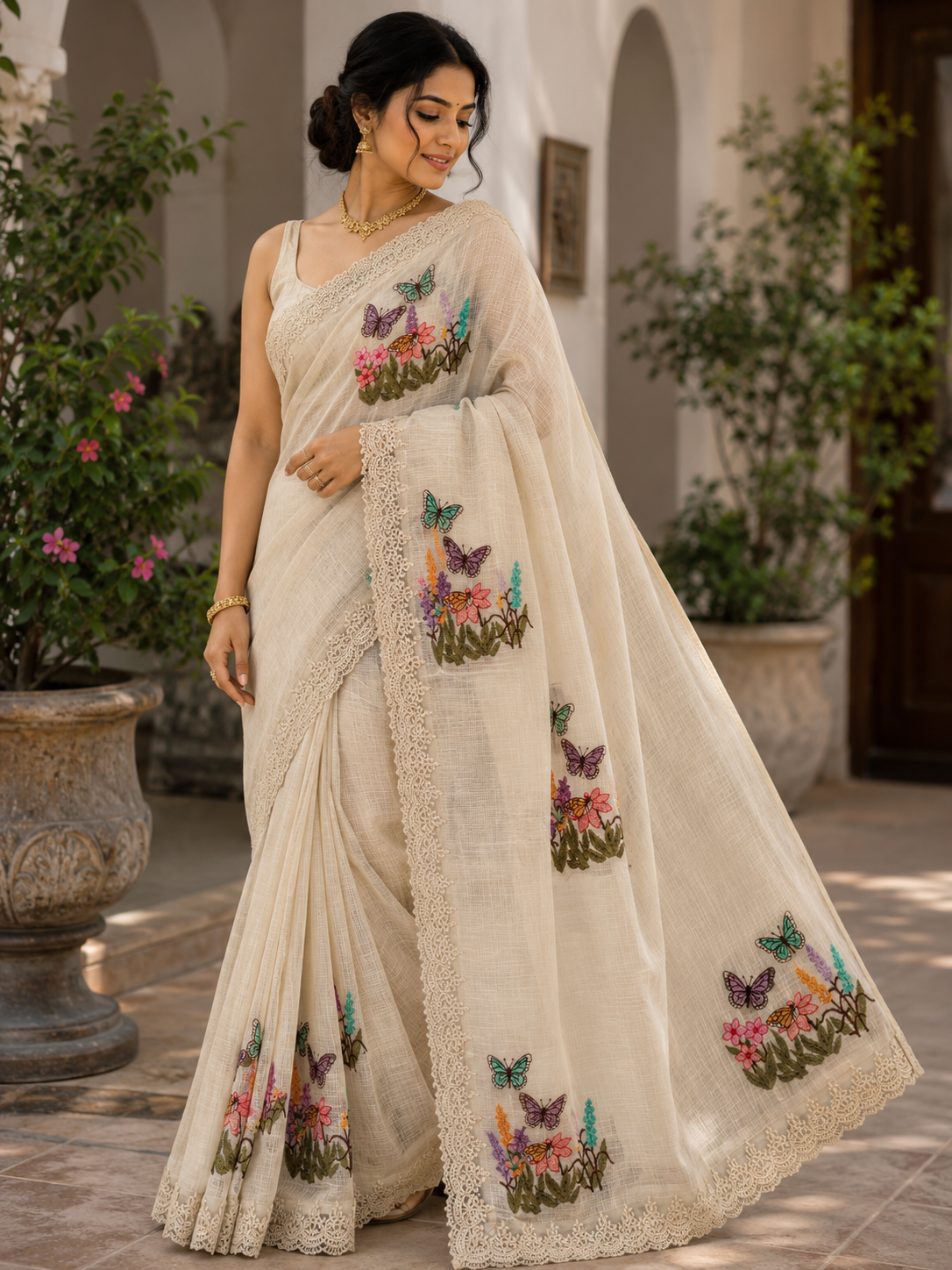 Butterfly Garden Soft Kota Embroidery Saree – Premium Floral Lace Border Collection