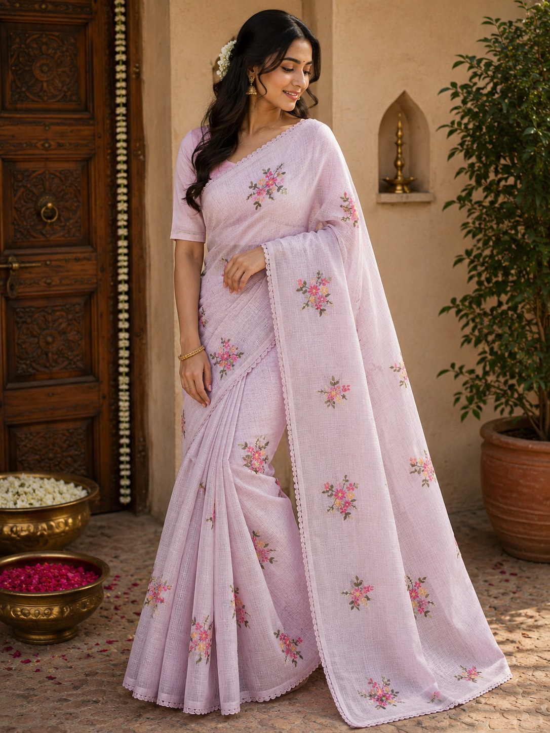 Elegant Soft Kota Thread Work Floral Saree – Lightweight Designer Wear