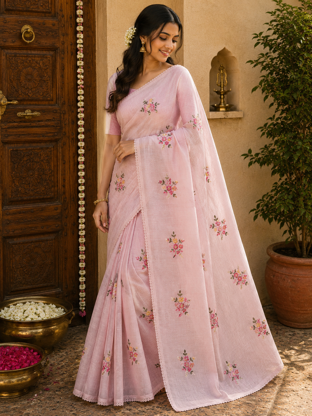 Elegant Soft Kota Thread Work Floral Saree – Lightweight Designer Wear