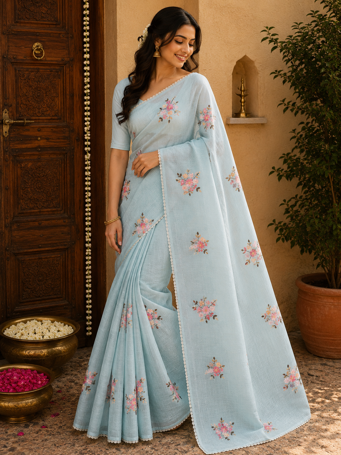 Elegant Soft Kota Thread Work Floral Saree – Lightweight Designer Wear